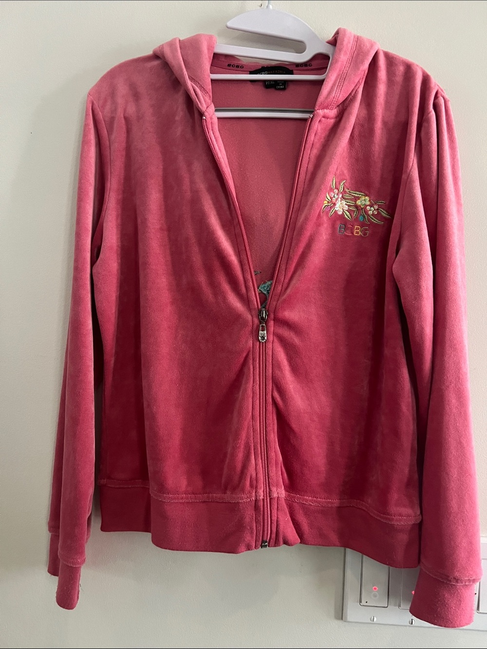 BCBG Pink Velour Zip-Up Hoodie with Embroidered Floral Detail